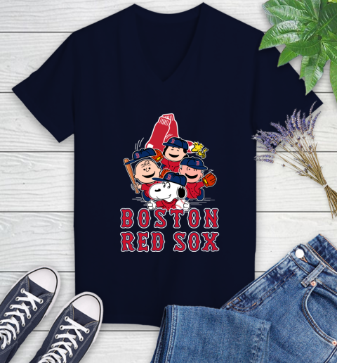 MLB Boston Red Sox Snoopy Charlie Brown Woodstock The Peanuts Movie Baseball T Shirt Women's V-Neck T-Shirt 2