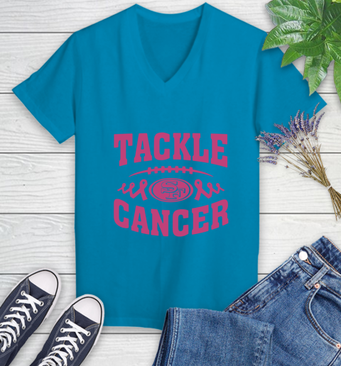 San Francisco 49ers Tackle Breast Cancer Women's V-Neck T-Shirt 7