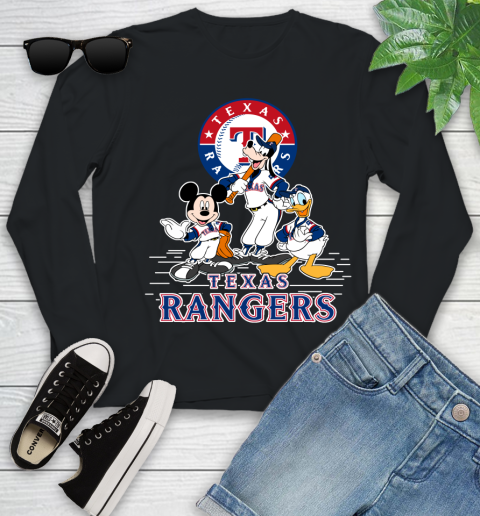 MLB Texas Rangers Mickey Mouse Donald Duck Goofy Baseball T Shirt Youth Long Sleeve