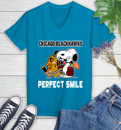 NHL Chicago Blackhawks Snoopy Perfect Smile The Peanuts Movie Hockey T Shirt Women's V-Neck T-Shirt 7