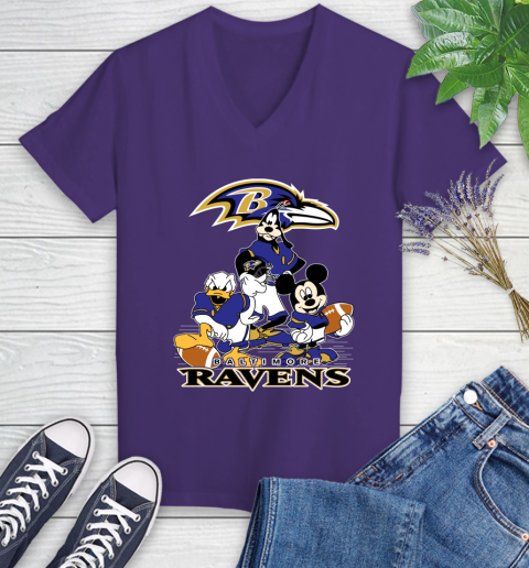 NFL Baltimore Ravens Mickey Mouse Donald Duck Goofy Football Shirt Women's V-Neck T-Shirt 4 NFL Baltimore Ravens Mickey Mouse Donald Duck Goofy Football Shirt Women's V-Neck T-Shirt - Image 4