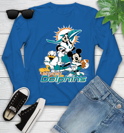 NFL Miami Dolphins Mickey Mouse Donald Duck Goofy Football Shirt Youth Long Sleeve 10