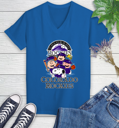 MLB Colorado Rockies Snoopy Charlie Brown Woodstock The Peanuts Movie Baseball T Shirt_000 Women's V-Neck T-Shirt 10