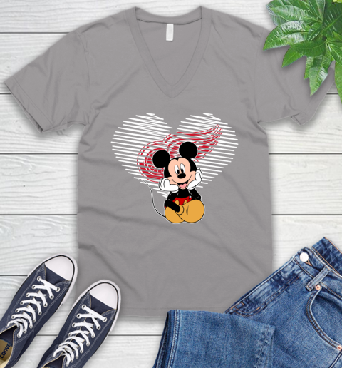 NHL Detroit Red Wings The Heart Mickey Mouse Disney Hockey V-Neck T-Shirt 3