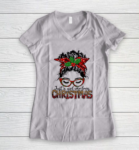 Just A Girl Who Loves Christmas Buffalo Plaid Messy Bun Girl Women's V-Neck T-Shirt