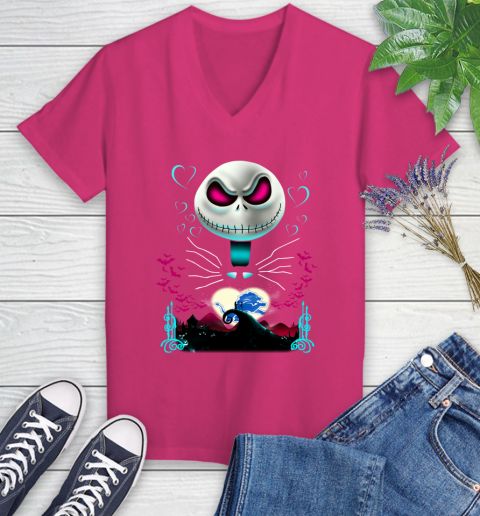 NFL Detroit Lions Jack Skellington Sally The Nightmare Before Christmas Football Women's V-Neck T-Shirt 9