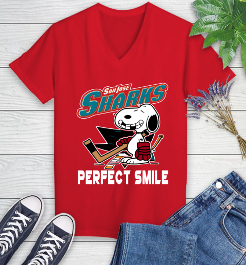 NHL San Jose Sharks Snoopy Perfect Smile The Peanuts Movie Hockey T Shirt Women's V-Neck T-Shirt 11