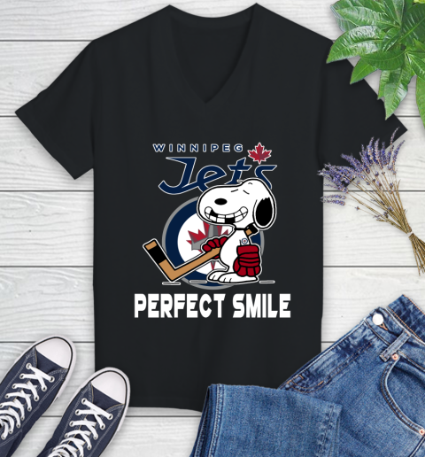 NHL Winnipeg Jets Snoopy Perfect Smile The Peanuts Movie Hockey T Shirt Women's V-Neck T-Shirt