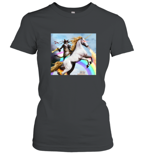 Cute Cat Dressed as Rambo with Gun Riding Unicorn Shirt Women T-Shirt