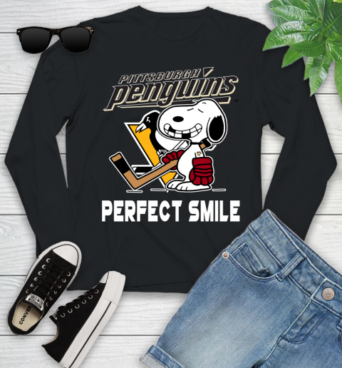 NHL Pittsburgh Penguins Snoopy Perfect Smile The Peanuts Movie Hockey T Shirt Youth Long Sleeve