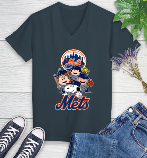 MLB New York Mets Snoopy Charlie Brown Woodstock The Peanuts Movie Baseball T Shirt Women's V-Neck T-Shirt 8