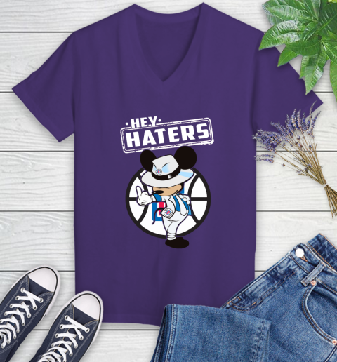 NBA Hey Haters Mickey Basketball Sports Los Angeles Clippers Women's V-Neck T-Shirt 3