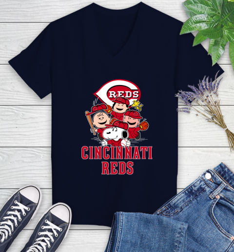 MLB Cincinnati Reds Snoopy Charlie Brown Woodstock The Peanuts Movie Baseball T Shirt_000 Women's V-Neck T-Shirt 2