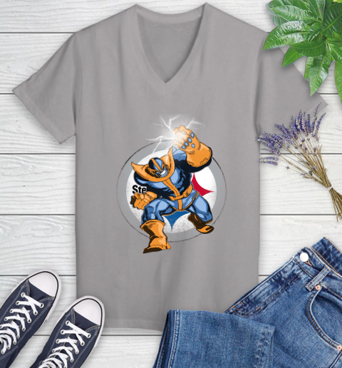 Pittsburgh Steelers NFL Football Thanos Avengers Infinity War Marvel Women's V-Neck T-Shirt 4
