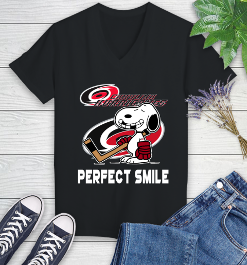 NHL Carolina Hurricanes Snoopy Perfect Smile The Peanuts Movie Hockey T Shirt Women's V-Neck T-Shirt