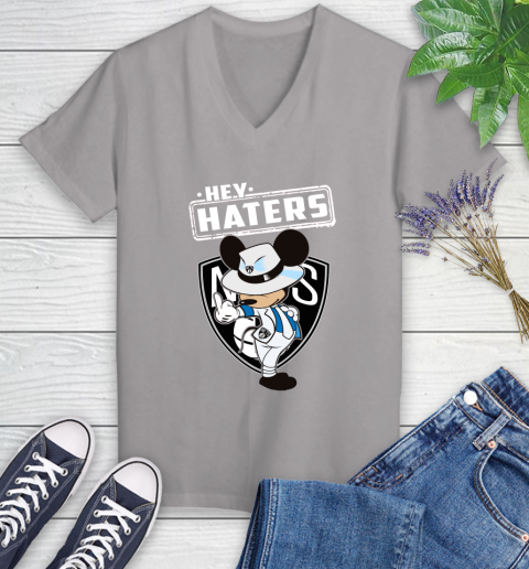 NBA Hey Haters Mickey Basketball Sports Brooklyn Nets Women's V-Neck T-Shirt 4