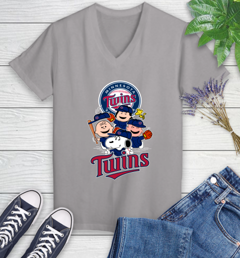 MLB Minnesota Twins Snoopy Charlie Brown Woodstock The Peanuts Movie Baseball T Shirt_000 Women's V-Neck T-Shirt 4