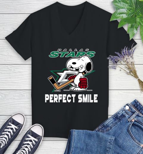 NHL Dallas Stars Snoopy Perfect Smile The Peanuts Movie Hockey T Shirt Women's V-Neck T-Shirt