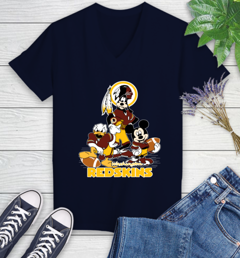 NFL Washington Redskins Mickey Mouse Donald Duck Goofy Football Shirt Women's V-Neck T-Shirt 2