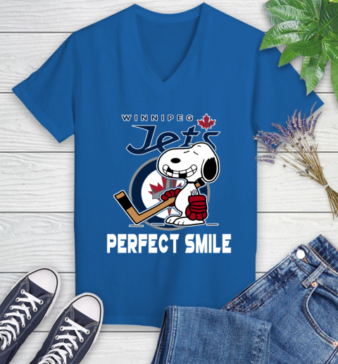 NHL Winnipeg Jets Snoopy Perfect Smile The Peanuts Movie Hockey T Shirt Women's V-Neck T-Shirt 10