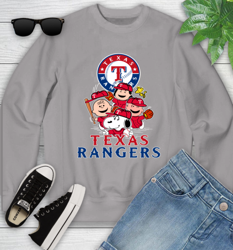 MLB Texas Rangers Snoopy Charlie Brown Woodstock The Peanuts Movie Baseball T Shirt Youth Sweatshirt 3