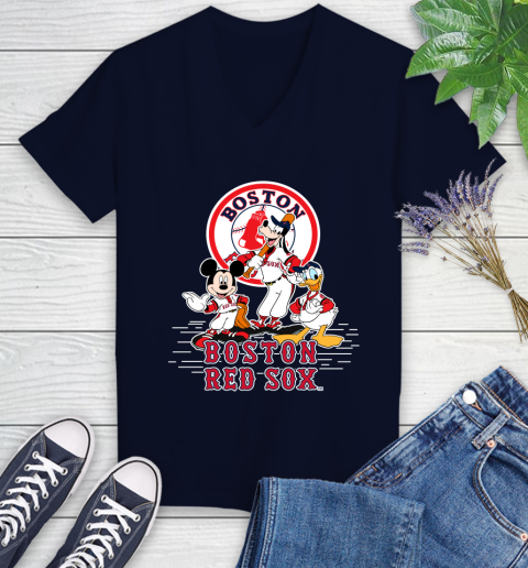 MLB Boston Red Sox Mickey Mouse Donald Duck Goofy Baseball T Shirt Women's V-Neck T-Shirt 2
