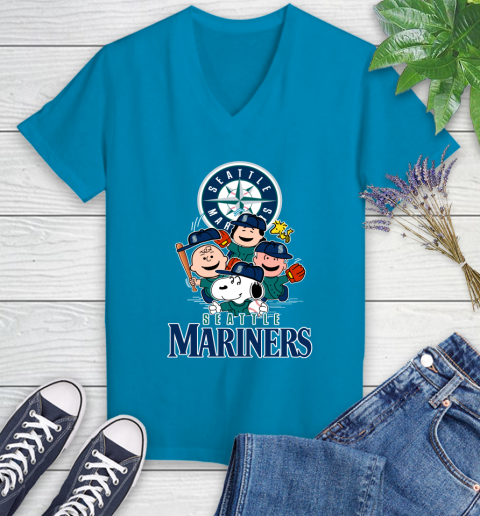 MLB Seattle Mariners Snoopy Charlie Brown Woodstock The Peanuts Movie Baseball T Shirt_000 Women's V-Neck T-Shirt 7