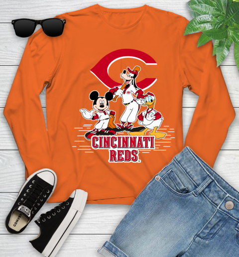 MLB Cincinnati Reds Mickey Mouse Donald Duck Goofy Baseball T Shirt Youth Long Sleeve 3
