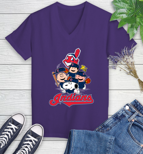 MLB Cleveland Indians Snoopy Charlie Brown Woodstock The Peanuts Movie Baseball T Shirt_000 Women's V-Neck T-Shirt 3