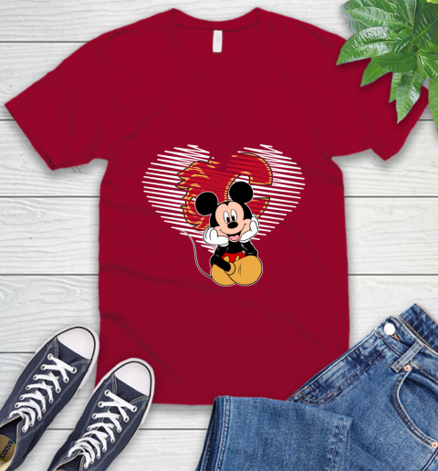 NHL Calgary Flames The Heart Mickey Mouse Disney Hockey V-Neck T-Shirt 7