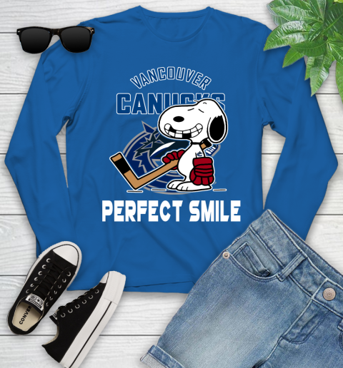 NHL Vancouver Canucks Snoopy Perfect Smile The Peanuts Movie Hockey T Shirt Youth Long Sleeve 10