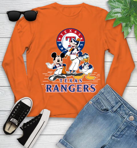 MLB Texas Rangers Mickey Mouse Donald Duck Goofy Baseball T Shirt Youth Long Sleeve 3