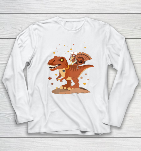 Funny Nurse Turkey Riding Dinosaur Happy Thanksgiving Long Sleeve T-Shirt