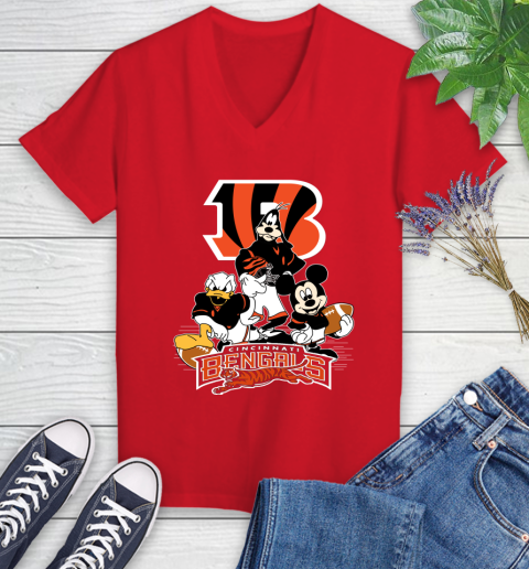 NFL Cincinnati Bengals Mickey Mouse Donald Duck Goofy Football Shirt Women's V-Neck T-Shirt 11