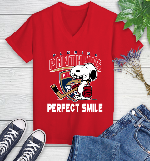 NHL Florida Panthers Snoopy Perfect Smile The Peanuts Movie Hockey T Shirt Women's V-Neck T-Shirt 11