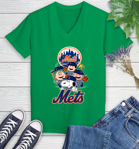 MLB New York Mets Snoopy Charlie Brown Woodstock The Peanuts Movie Baseball T Shirt Women's V-Neck T-Shirt 5