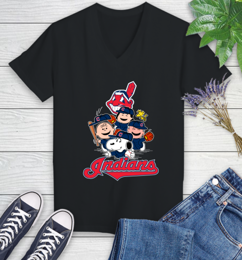 MLB Cleveland Indians Snoopy Charlie Brown Woodstock The Peanuts Movie Baseball T Shirt_000 Women's V-Neck T-Shirt