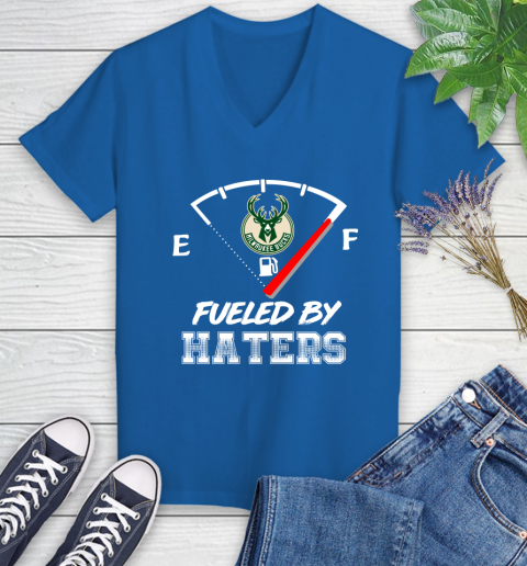 Milwaukee Bucks NBA Basketball Fueled By Haters Sports Women's V-Neck T-Shirt 10