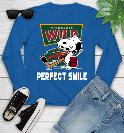 NHL Minnesota Wild Snoopy Perfect Smile The Peanuts Movie Hockey T Shirt Youth Long Sleeve 10