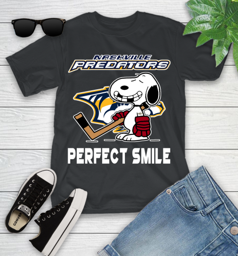 NHL Nashville Predators Snoopy Perfect Smile The Peanuts Movie Hockey T Shirt Youth T-Shirt
