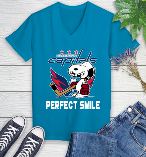 NHL Washington Capitals Snoopy Perfect Smile The Peanuts Movie Hockey T Shirt Women's V-Neck T-Shirt 7