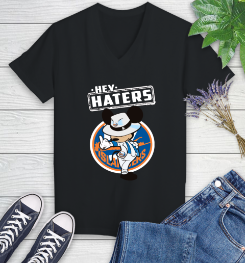 NHL Hey Haters Mickey Hockey Sports New York Islanders Women's V-Neck T-Shirt
