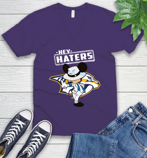NHL Hey Haters Mickey Hockey Sports Nashville Predators V-Neck T-Shirt 9