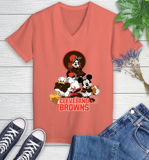 NFL Cleveland Browns Mickey Mouse Donald Duck Goofy Football Shirt Women's V-Neck T-Shirt 6