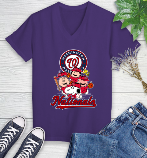 MLB Washington Nationals Snoopy Charlie Brown Woodstock The Peanuts Movie Baseball T Shirt_000 Women's V-Neck T-Shirt 3