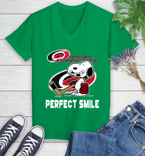 NHL Carolina Hurricanes Snoopy Perfect Smile The Peanuts Movie Hockey T Shirt Women's V-Neck T-Shirt 5