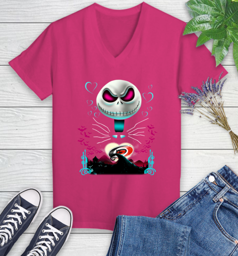 NHL Carolina Hurricanes Jack Skellington Sally The Nightmare Before Christmas Hockey T Shirt Women's V-Neck T-Shirt 9