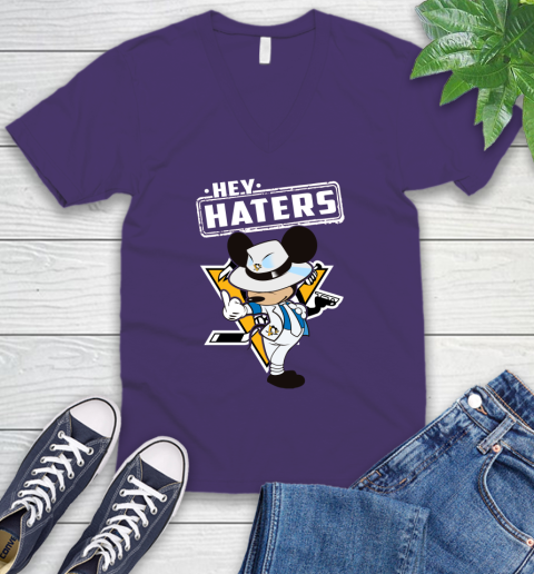 NHL Hey Haters Mickey Hockey Sports Pittsburgh Penguins V-Neck T-Shirt 9