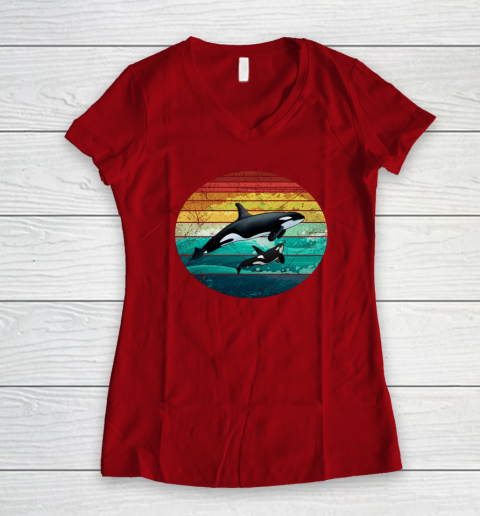 Orca Family Vintage Retro Art Killer Whale Family Women's V-Neck T-Shirt 6