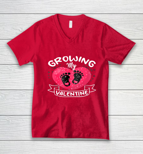 Womens Growing My Valentine literally pregnant shirt Pregnancy Wife V-Neck T-Shirt 5